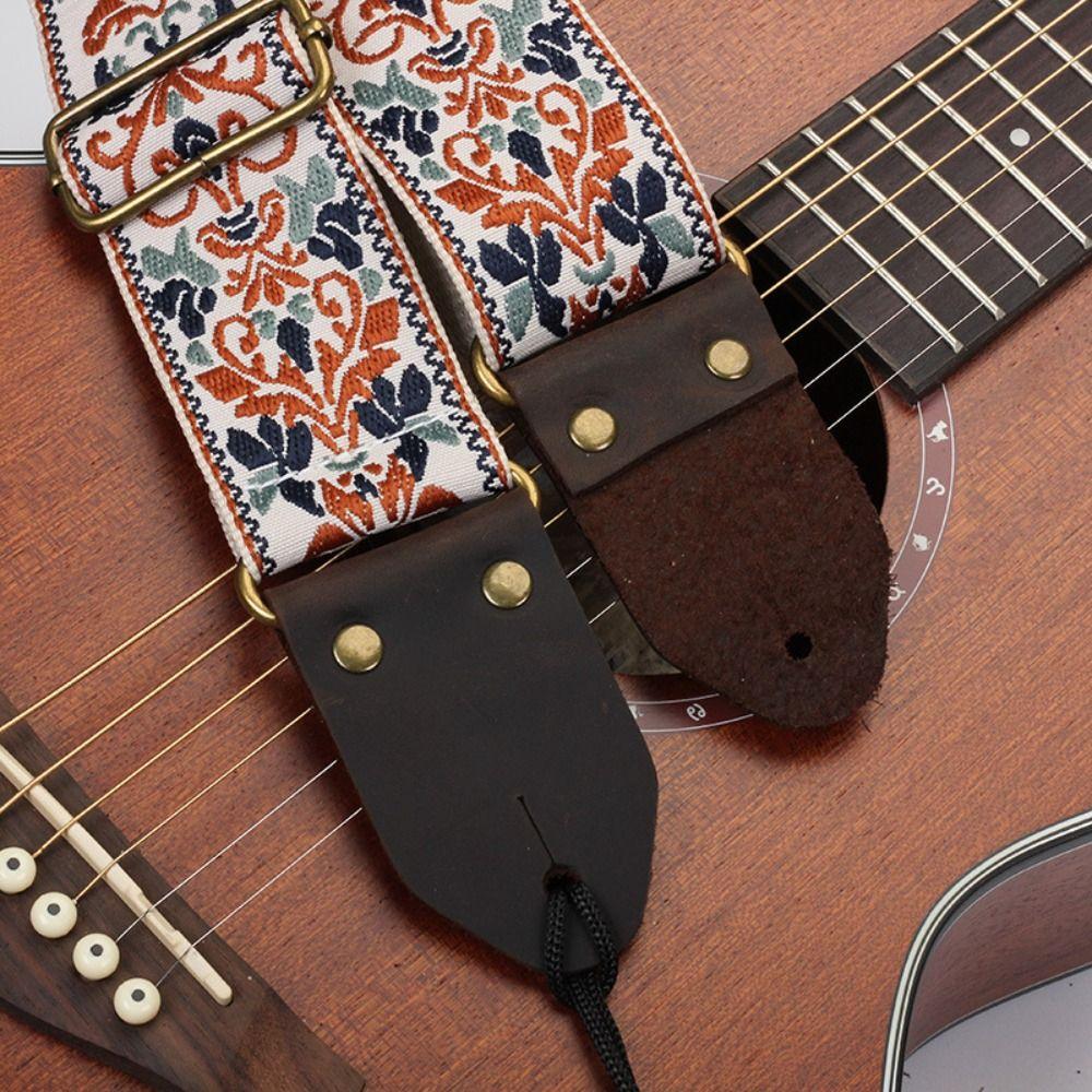 Leather Head Embroidered Guitar Strap Vintage Flowers Electric Guitar Belt  Acoustic Bass