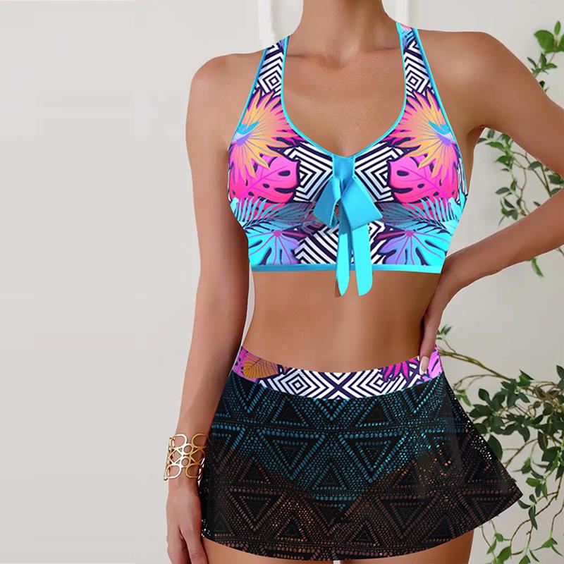 Women's Shoulder Strap Swimsuit Color Radian Print Bikini Tankini Swimsuit