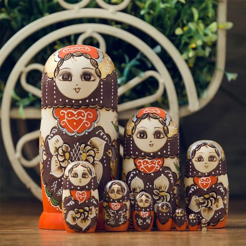 Collectible Russian Nesting Dolls 10pcs Wood Matryoshka Babushka Set Handpaint Stacking Doll Folk Arts Festival Ornament