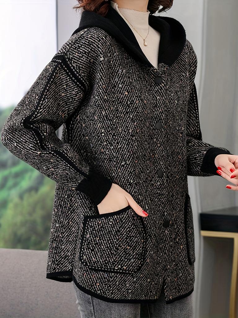 Button Front Hooded Jacket, Casual Long Sleeve Outerwear with Pockets, Women's Clothing