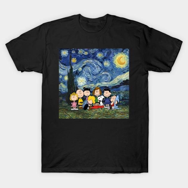 Men Black Print T-shirt Snoopy And The Peanuts Gang - Starry Night No-Cut Transfer Paper Print Cotton Tshirt S