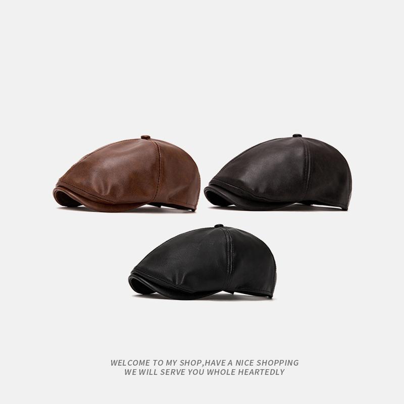 Autumn Winter Leather Warm Forward Hat Men's Vintage Paintsman Hat Beret Cap