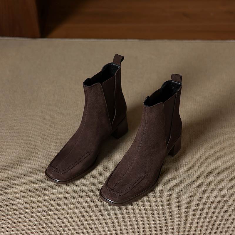 Krazing Pot Cow Suede Nubuck Square Toe High Heels Chelsea Boots Size 42 Slip on Women European Style Ankle Boots