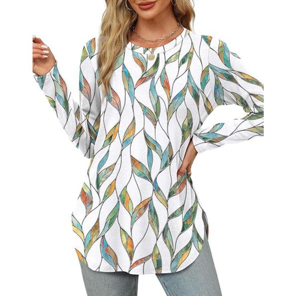 Women's O Neck Long Sleeve Tunic Top Solid Color Casual Loose Curved Hem T Shirt