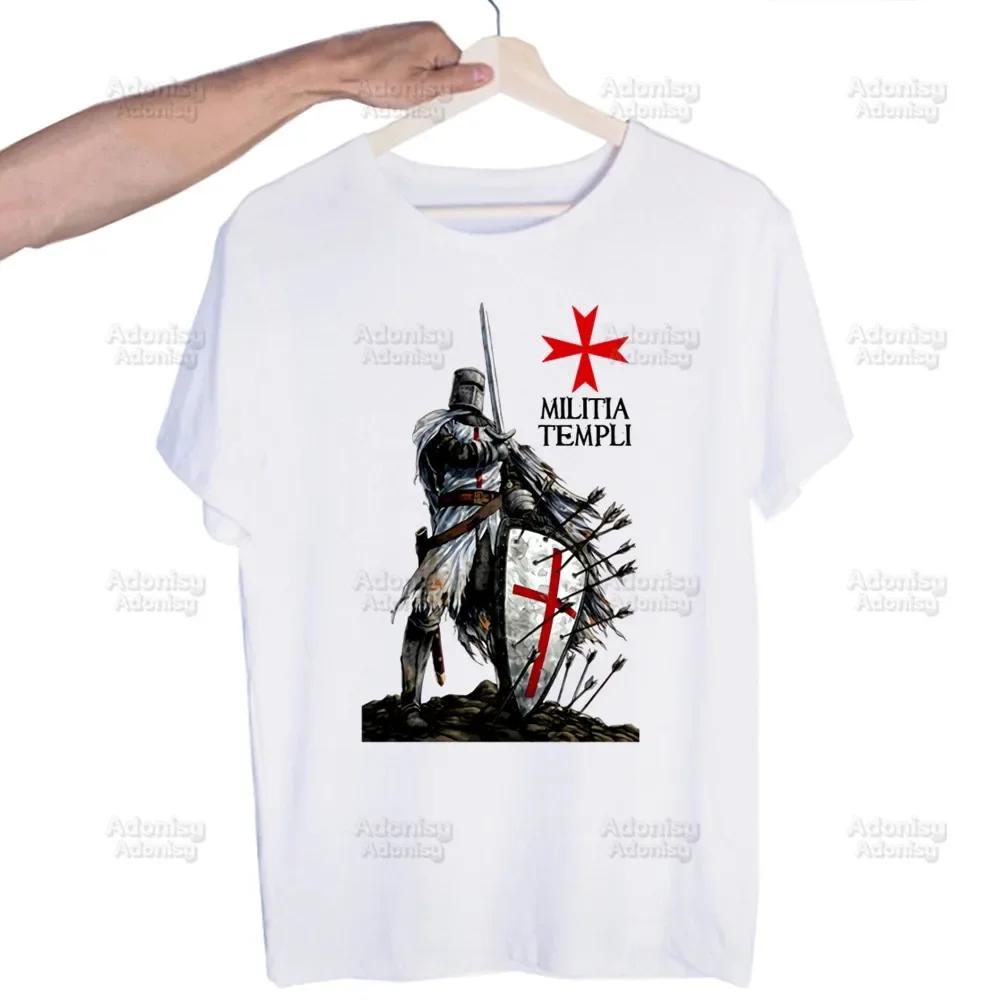 Medieval Knights Templar Printed T Shirt Men Retro Washed Tops Tees Harajuku Tshirt Streetwear Hip Hop Male T-shirts
