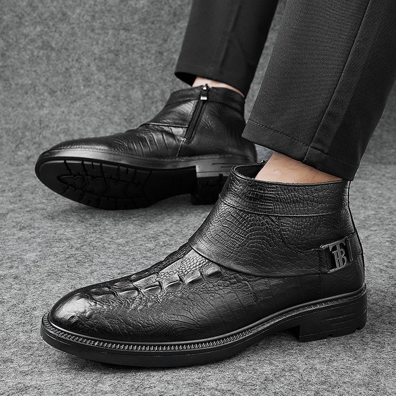 Chelsea boots, men's genuine leather high-top leather shoes, new winter fleece, thickened and warm Martin boots, business leather boots