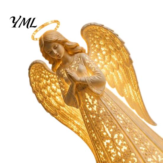 Collectible Resin Angel Figurine Guardian with Warm LED Light for Christmas Decor, Praying Peaceful Keepsake Memorial Lamp Statue Tabletop Night Home