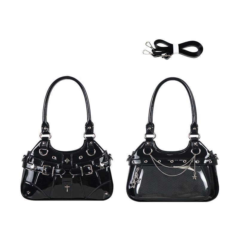 JIAERDI Harajuku Star Ita Bag Women Double Strap Adjustable Clear Leather Tote Purse Subculture Daily Versatile Shoulder Bag Y2K