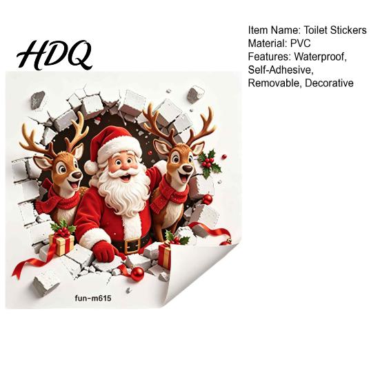 Santa Claus Bathroom Decor 3D Break Through Wall Reindeer Toilet Sticker, Self-Adhesive Christmas Realistic Stickers Decal, Waterproof Lid for