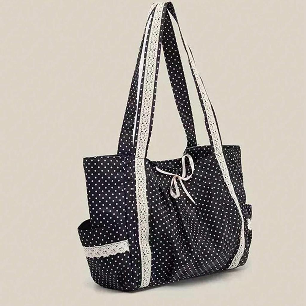 Women's Retro Polka Dot Canvas Tote Bag - Large Capacity, Versatile Single Shoulder for Commuting