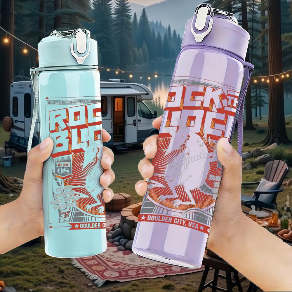 1PC Rock band red grunge text print 750ml colorful plastic sports water bottle leakproof pop up lid with straw for outdoor work home use