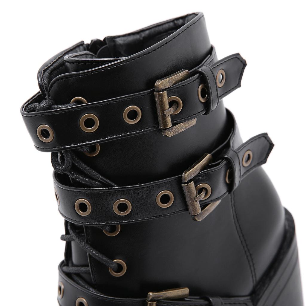 Fashion New Sexy Chain Women Leather Autumn Boots Block Heel Gothic Black Punk Style Platform Shoes Female Footwear High Quality