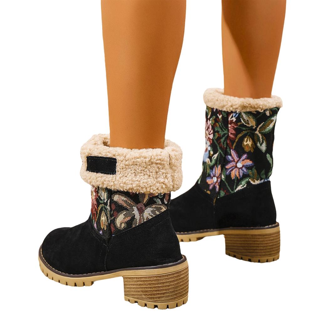 Women's Winter Boots with Heel and Embroidered Flowers - Warm Boots for Cold