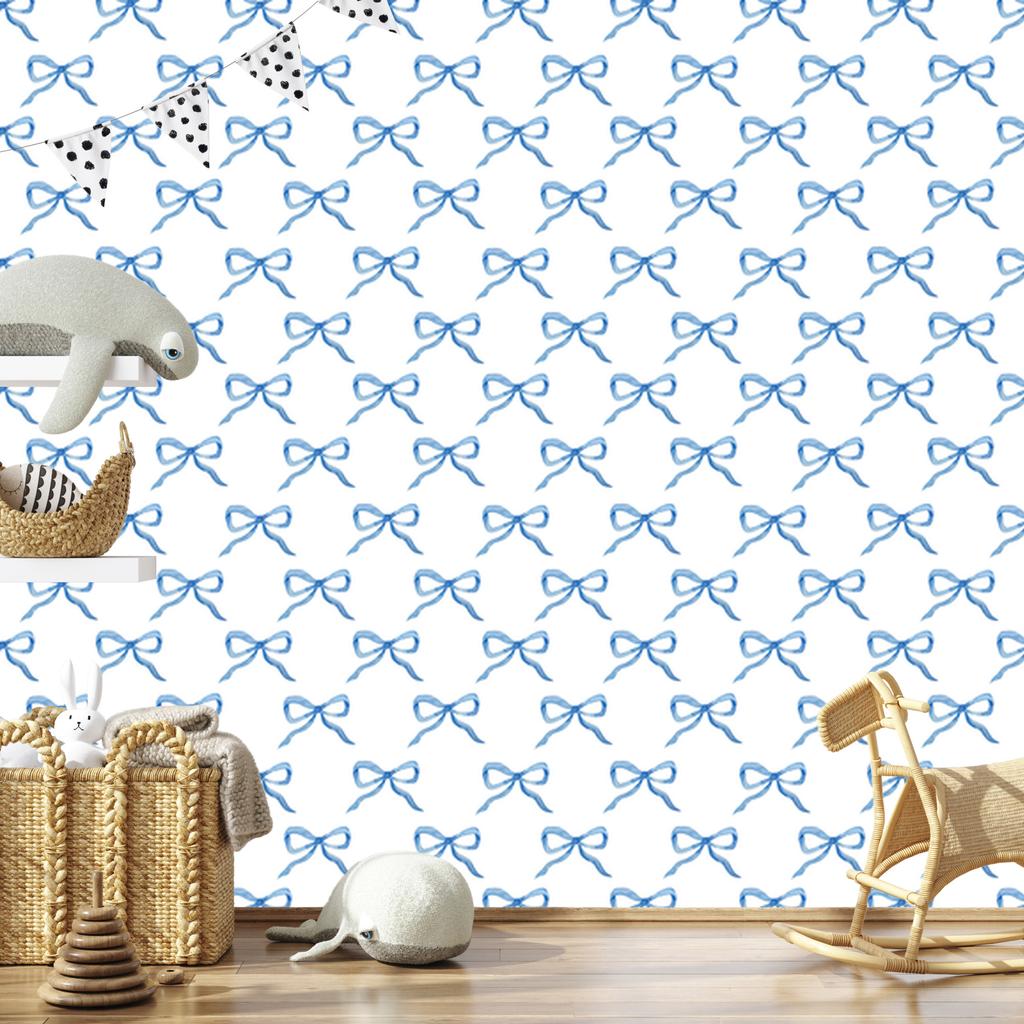 Bows Wallpaper White and Azure for Living Room and Bedroom 50x1000