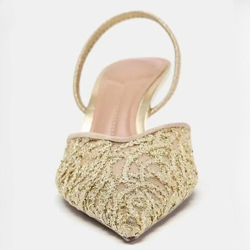 Mesh Embroidered Pointed Toe Pumps Women Sandals Breathable Gold Fine Heel Mules Shoes Slingback Luxury Banquet Party Shoes