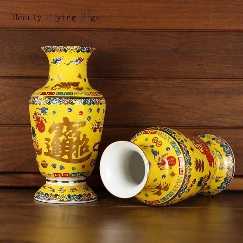 1 buc. vază ceramică cu email colorat galben și roșu, aranjament floral, vază de altar cu ornamente feng shui