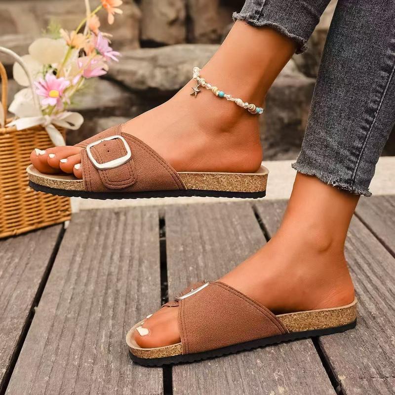 Fashion 2025 New Women's Simple Solid Color Buckle Cover for Wearing Flat Heeled Straight Slippers