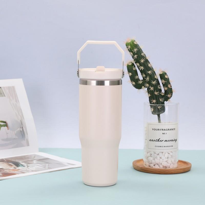 30 Oz Stainless Steel Travel Tumbler With Handle Straw Lid Car Outdoor Use Insulated Water Bottle