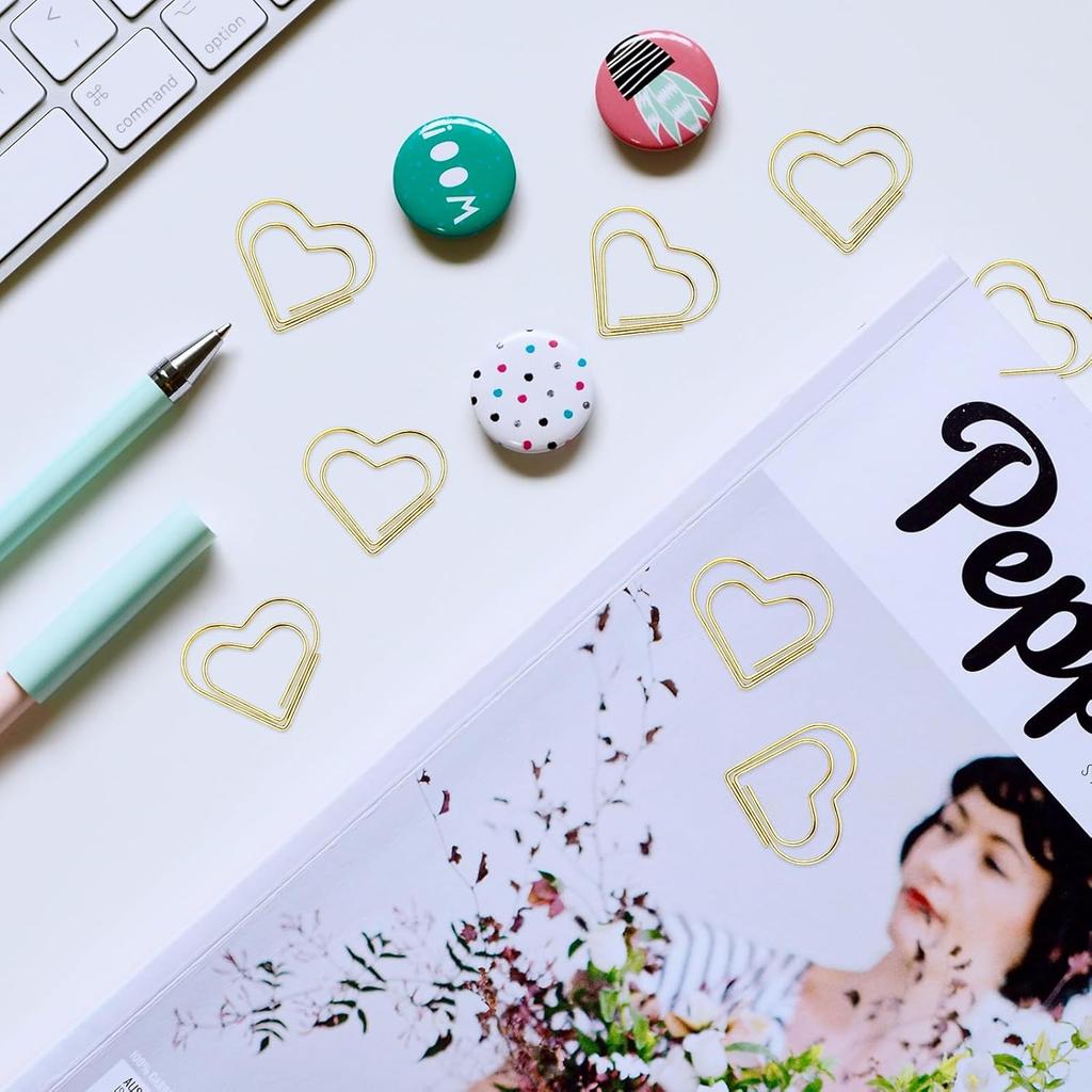 100 Pcs Heart Shaped Paper Clips Cute Decorative Fancy Mini Small Paperclips for Wedding Decoration Office School Home Desk Organizers Supplies Gold