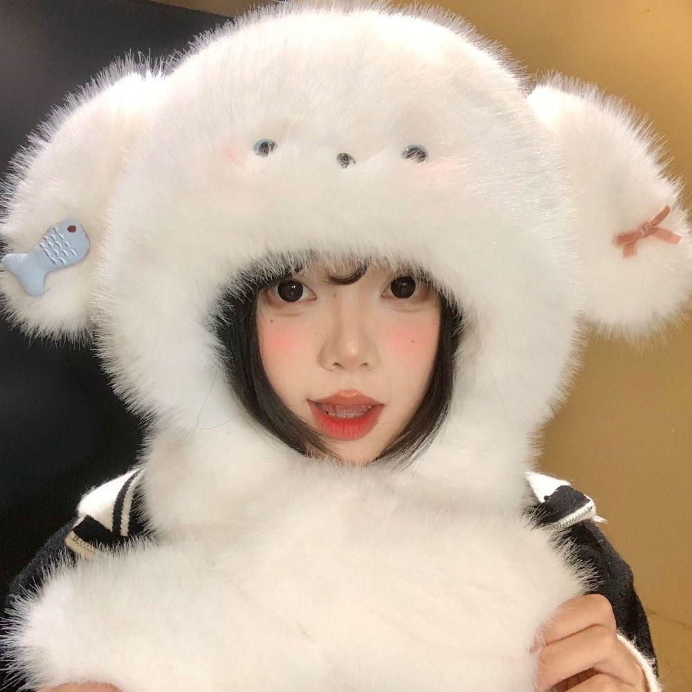 Cute Dog Hooded Scarf Cartoon Winter Warm Hat Fashion Plush Earmuffs Cap  Autumn and Winter