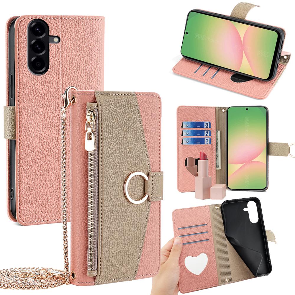 For Samsung Galaxy A56 5G Case Mirror Wallet Leather Phone Cover with Chain Shoulder Strap
