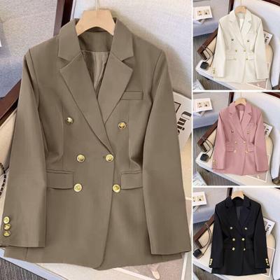 Women Blazer OL Style Commute Loose Solid Color Double Breasted Long Sleeves Lapel Notch Collar Pockets Formal Business Coat