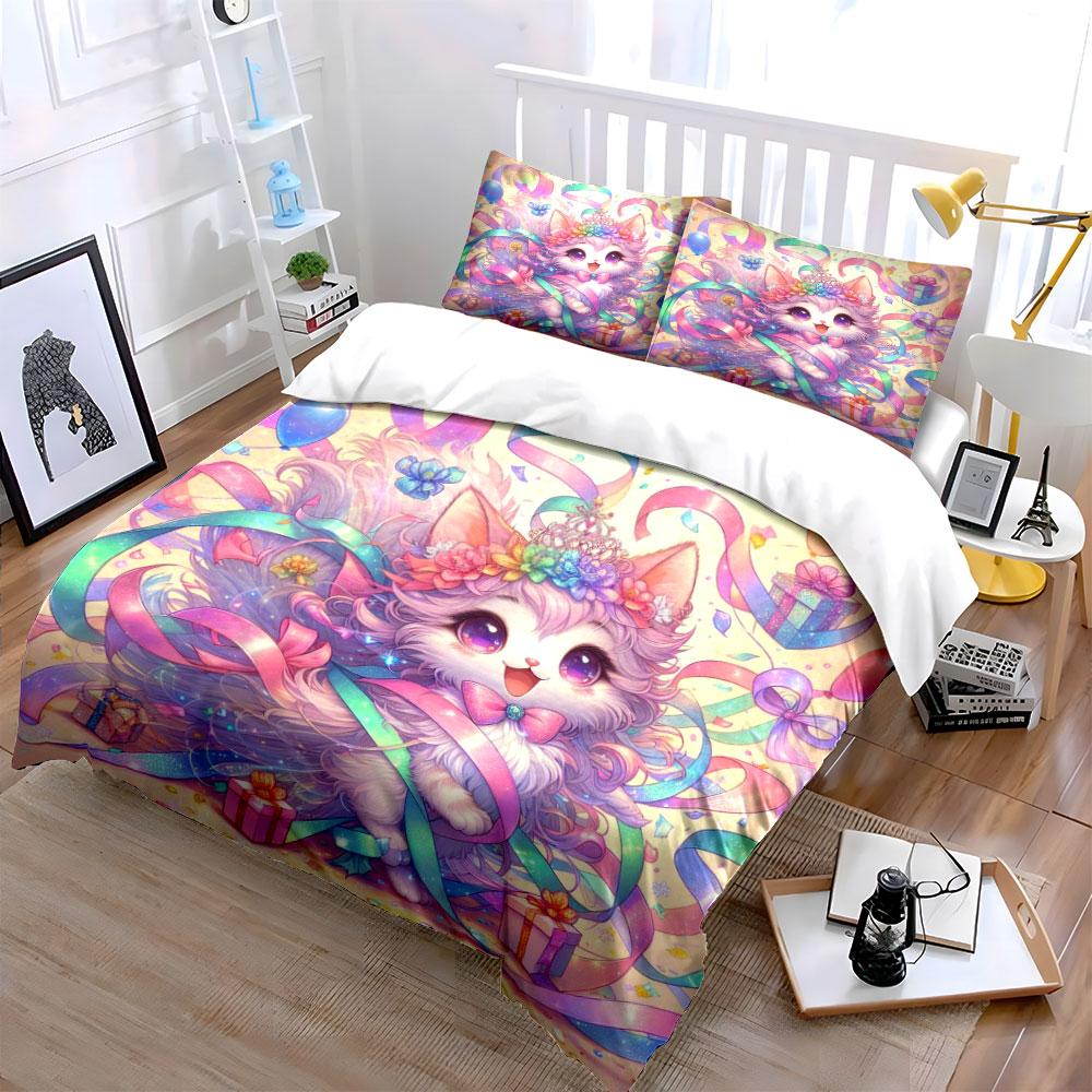 Dreamy Ribbons And Adorable Cat Celebration Printed Duvet Cover Set1 Duvet Cover+2 Pillowcasemulti Size Bedroom Bedding Decor
