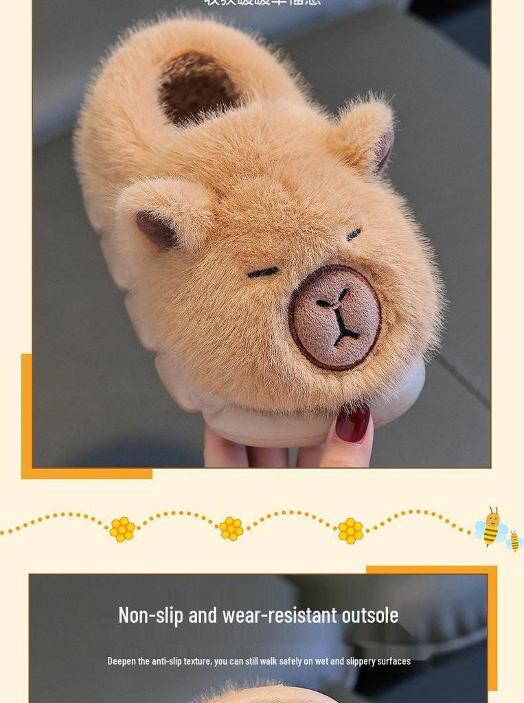Capybara Children's Winter Closed-Back Plush Slippers – Cute Cotton Indoor Slippers for Boys and Girls