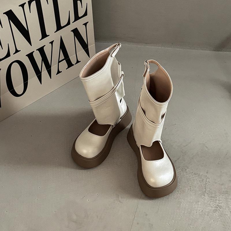 

Нишевый дизайн ботильоны с круглым носком для женщин для ношения летом, съемные короткие ботинки, модные одинарные туфли на толстой подошве с увеличением роста 39 бежевый