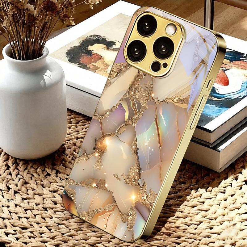 Pastel Broken Gemstone Electroplated Golden Phone Case For iPhone 17 16 15 14 13 12 11 Pro Max Plus 16E 17Air 7 8 X Glass Cover