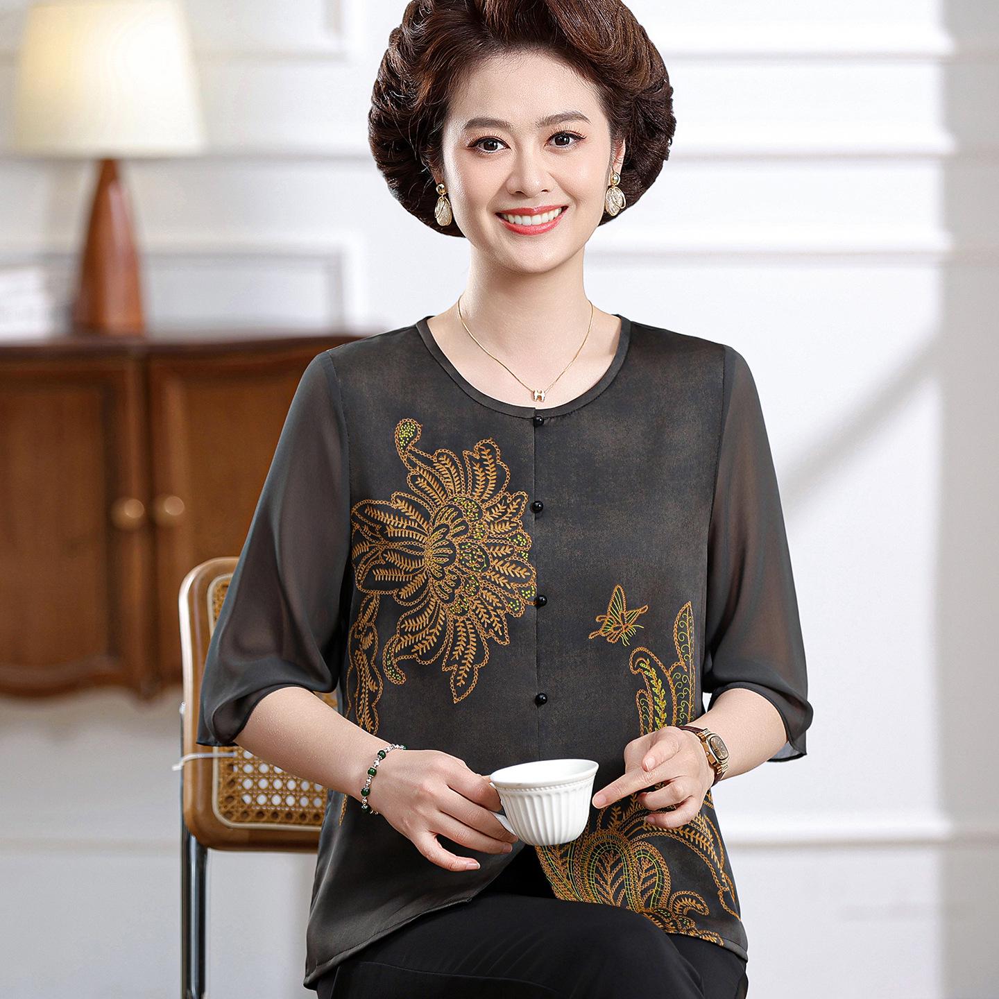 

Stylish Summer 2026 Printed Cardigan for Middle-Aged & Elderly Women - Slimming Round Neck Top 2XL (Recommended 110-120 jin) серый/кофейный