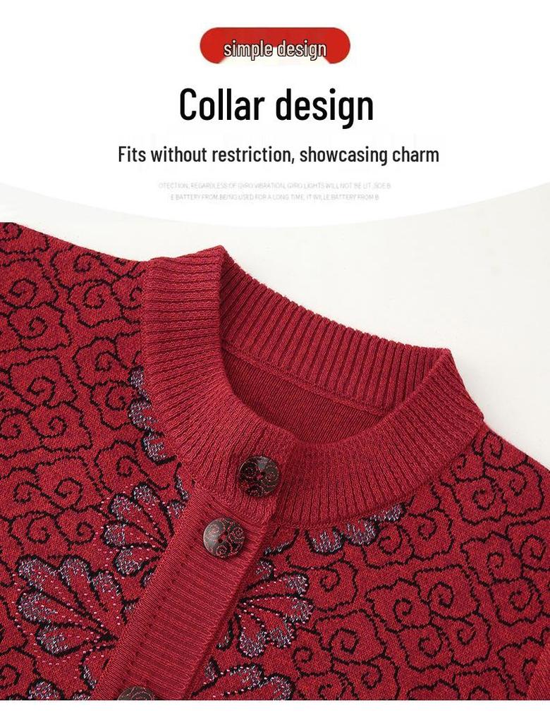 Round Neck Knitted Cardigan for Middle-Aged and Elderly Women - Grandma Style Sweater for Spring and Autumn