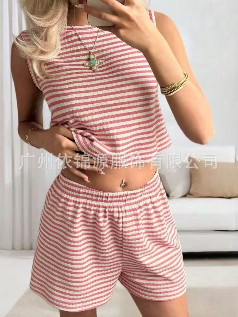 Women Striped Sleeveless Crop Top and Shorts Set Casual Knitted Two Piece Outfit