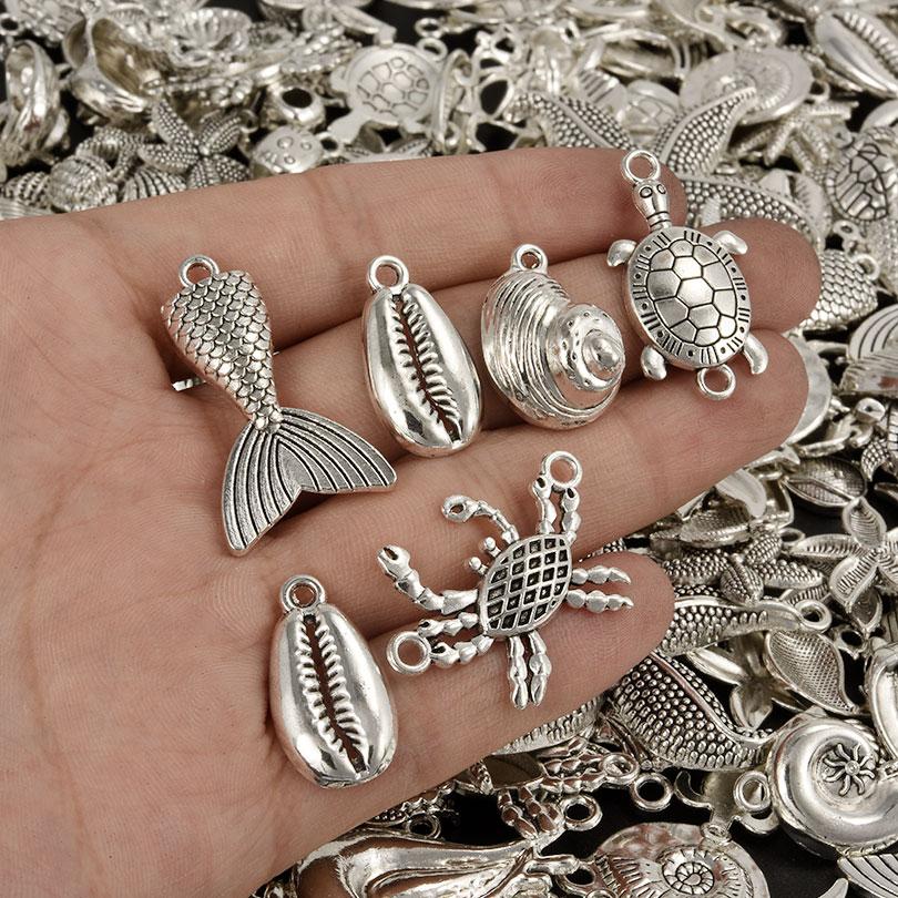 10/20/30pcs Metal KC/Vintage Gold/Silver Color Ocean Animal Charm Random Mix Shell Fish Turtle Charms For Jewelry Making Pendant