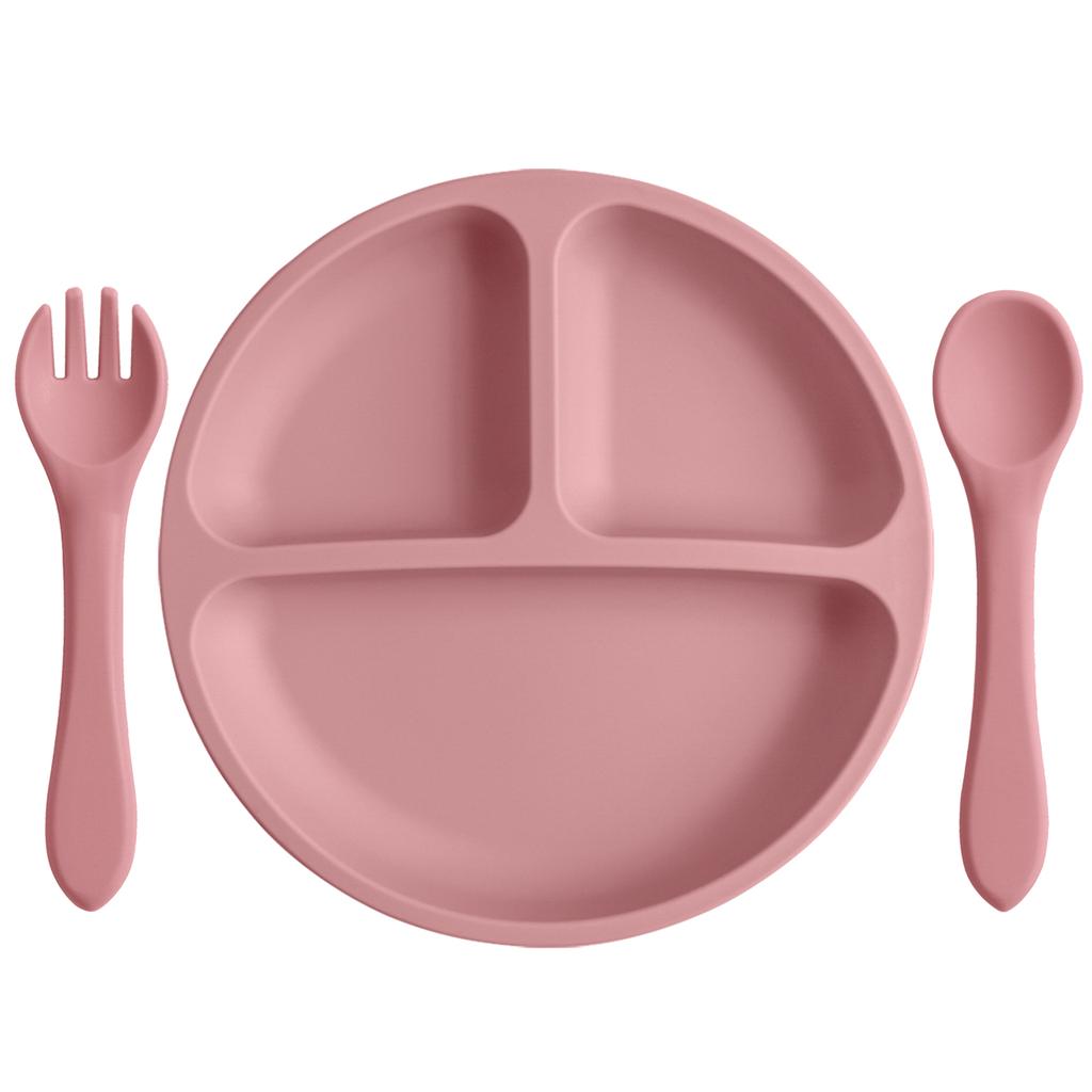Color Kids 3PCS Silicone Baby Feeding Set Suction Plate Wooden Spoon Fork BPA Free Training Tableware Dish Bowl Gift Set