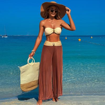 Sexy Bandeau-Bikini-Set 2025 für Damen, Khaki, Patchwork-Front, Metall, hohe Taille, Netz-Höschen, 3-teiliger Badeanzug, Badeanzug, Bademode