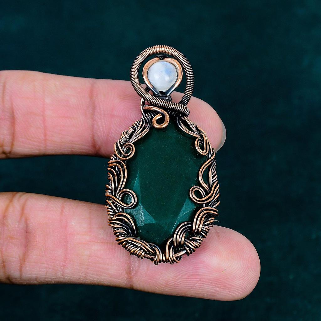 Faceted Zambian Emerald Pendant Handmade Stylish Jewelry Copper Wire Wearing Pendant Rainbow Moonstone Jewelry Wire Wrapped Pendant for Gift
