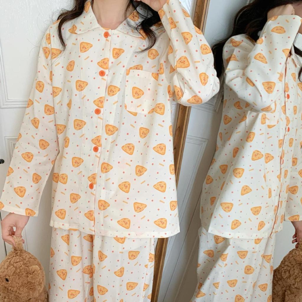 New pajamas women's pure cotton polished Internet celebrity coconut loungewear simple and cute lapel long-sleeved trousers set