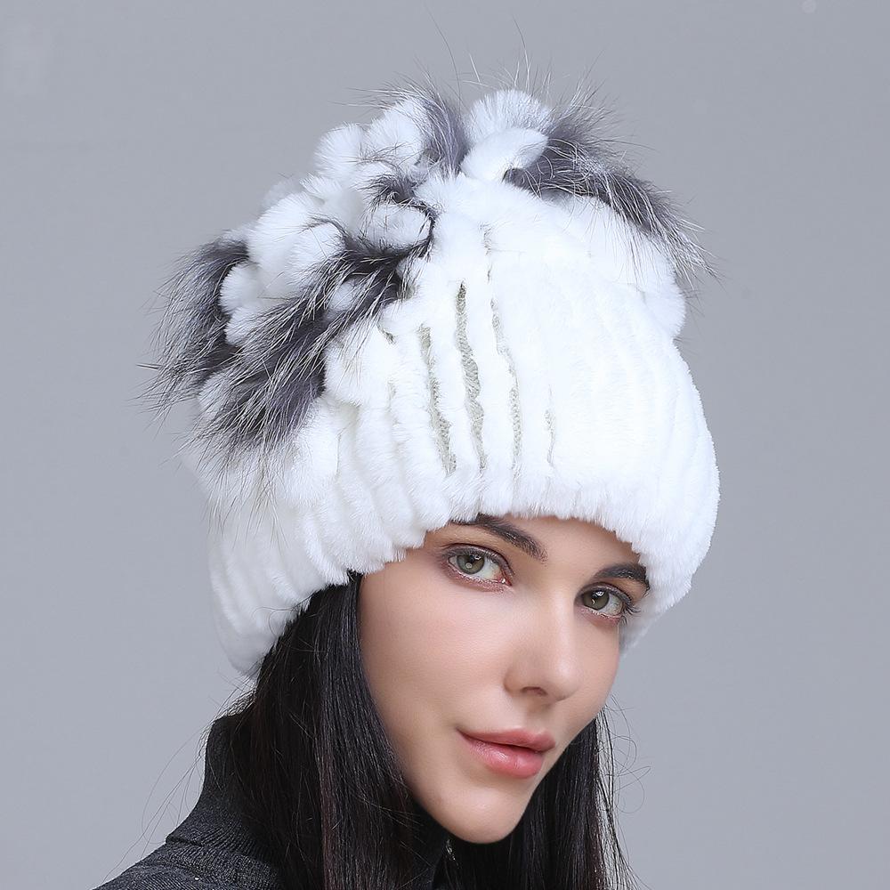 Winter Women's Warm Fashion Thick Wool Hat Rex Rabbit Fur Hat Knitted with Side Flower Hat