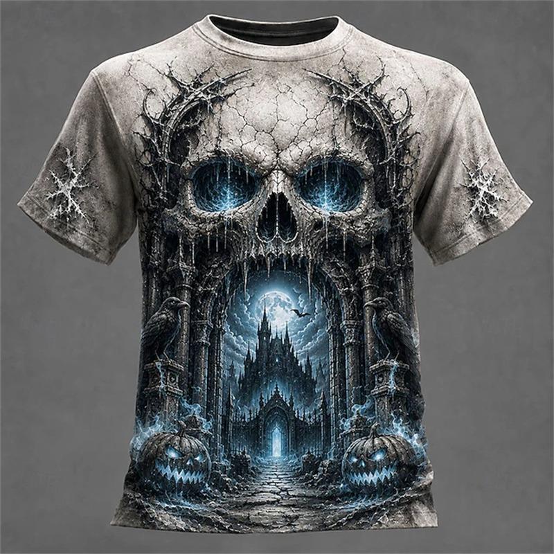 Halloween Men's Optical Illusion Skeleton T-Shirt Short-Sleeve T-Shirt 3D-Printed Crew Neck Shirt Horror Theme Streetwear Top