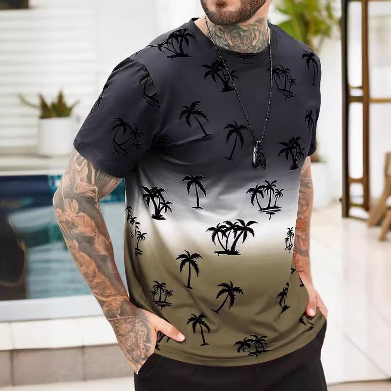 Grenzüberschreitendes minimalistisches Farbblock-3D-gedrucktes Kokospalmen-Kurzarm-T-Shirt, Europäische und Amerikanische Übergrößen-Sportbekleidung
