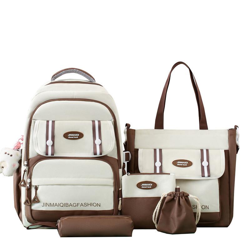 School Backpack Five Piece Set For Girls With Letter Pattern For Campus Use хаки