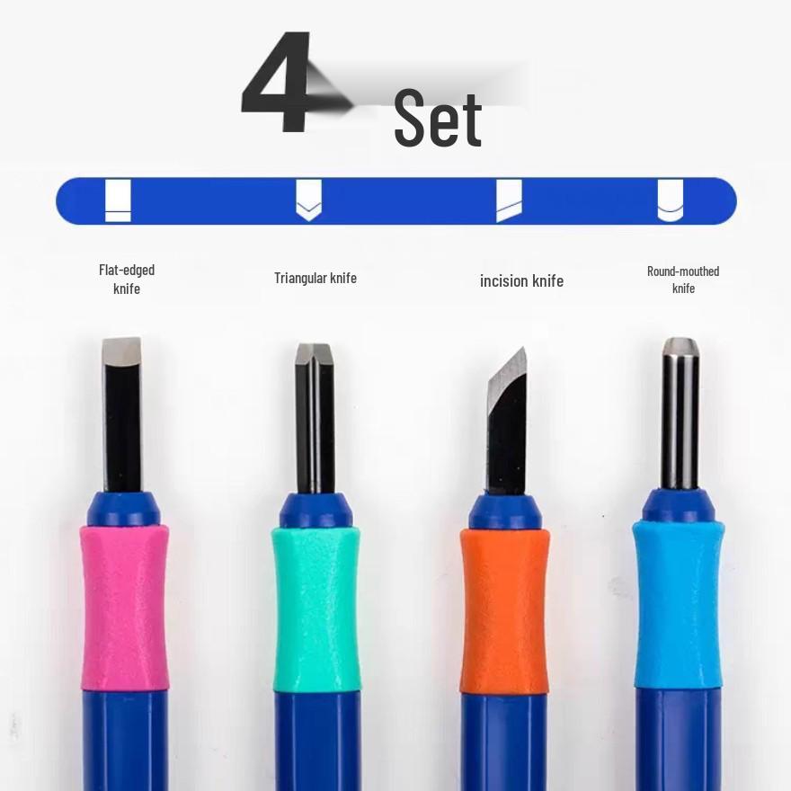 Japanese Sakura Carving Knife Set: Hand-held Wood, Printmaking, Large Round, Triangle, Flat, Round, Beveled Edges.