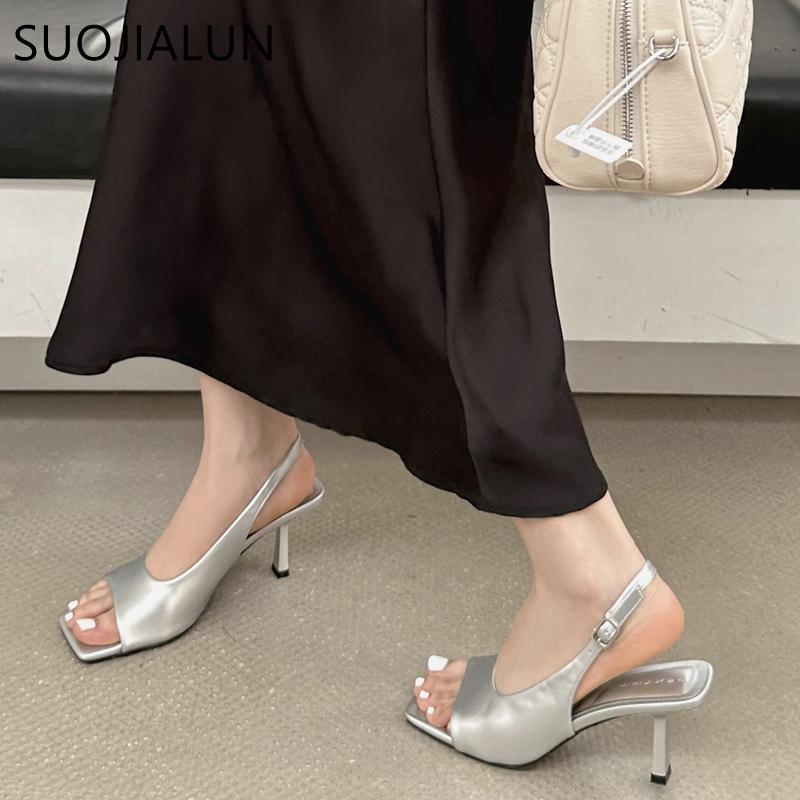 Fashion SUOJIALUN 2025 New Brand Women Sandal Shoes Fashion Square Toe Slip On Gladiator Shoes Thin High Heel Ladies Elegant Pumps Shoes