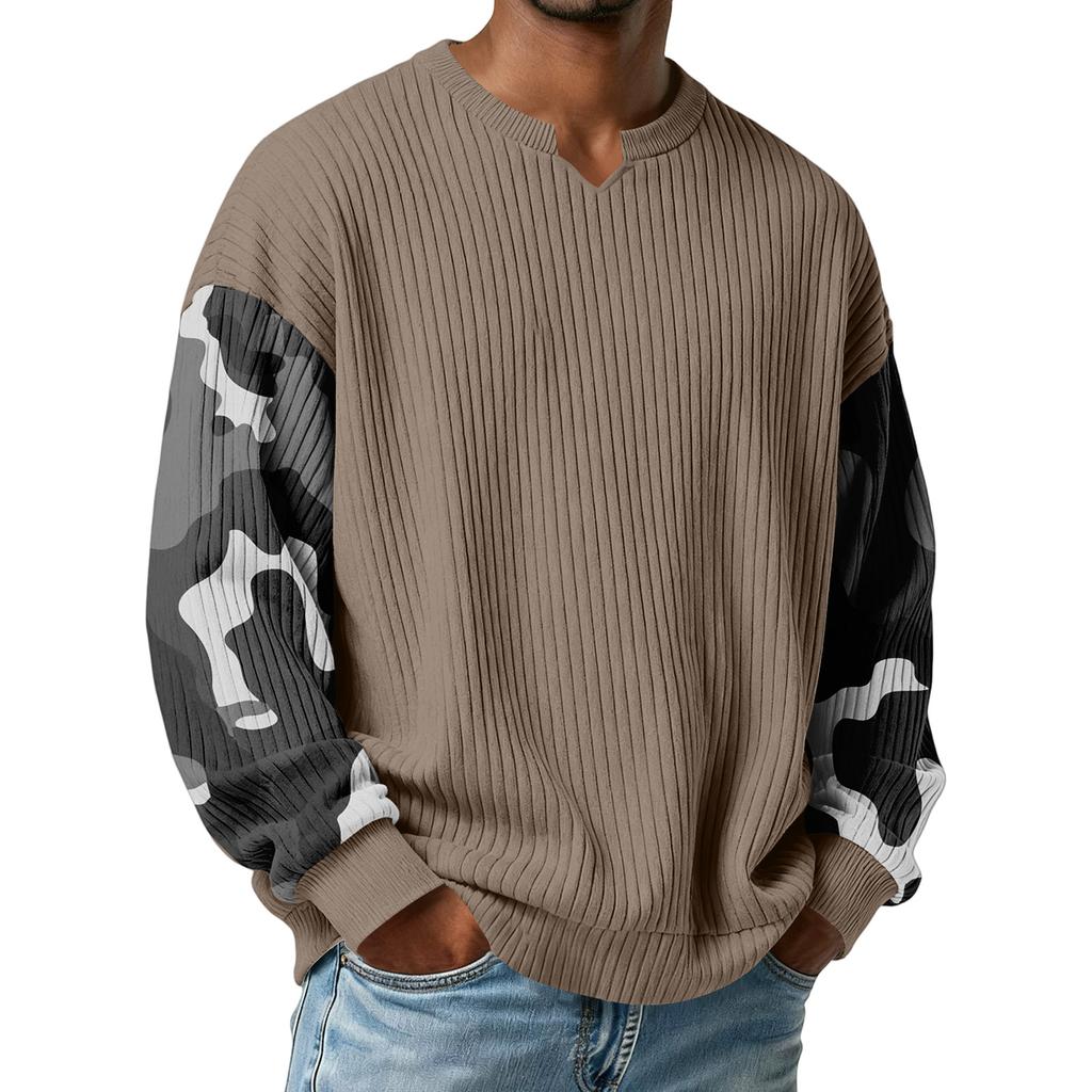 Herrtröja med snygg, ribbad och texturerad långärmad kamouflagemönster