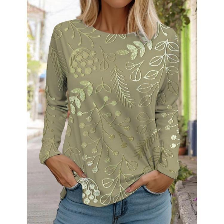 3D Floral Printed Long Sleeve T Shirt Women Fashion Round Neck Top Holiday Weekend