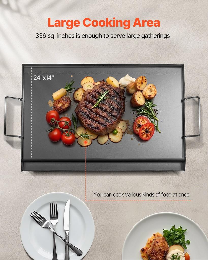 VEVOR Carbon Steel Griddle, 24x16 inch Universal Flat Top Rectangular Plate, Gas Grill Griddle for BBQ Grill, Teppanyaki