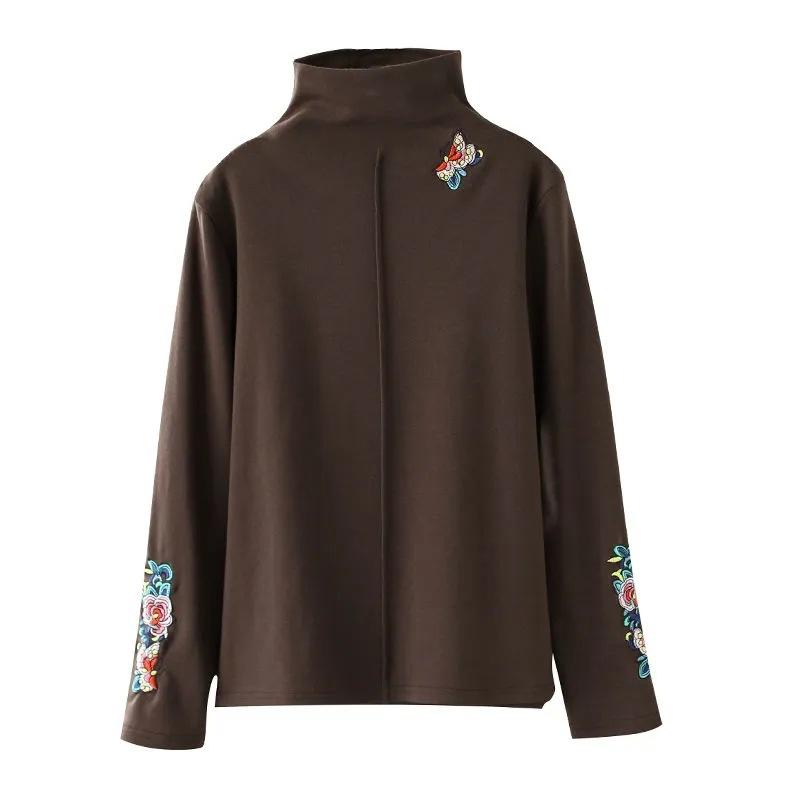 Ethnic Style Embroidery German Velvet Slim-fit Warm Semi-turtleneck Bottoming Shirt for Women's Autumn and Winter with Long Sleeves