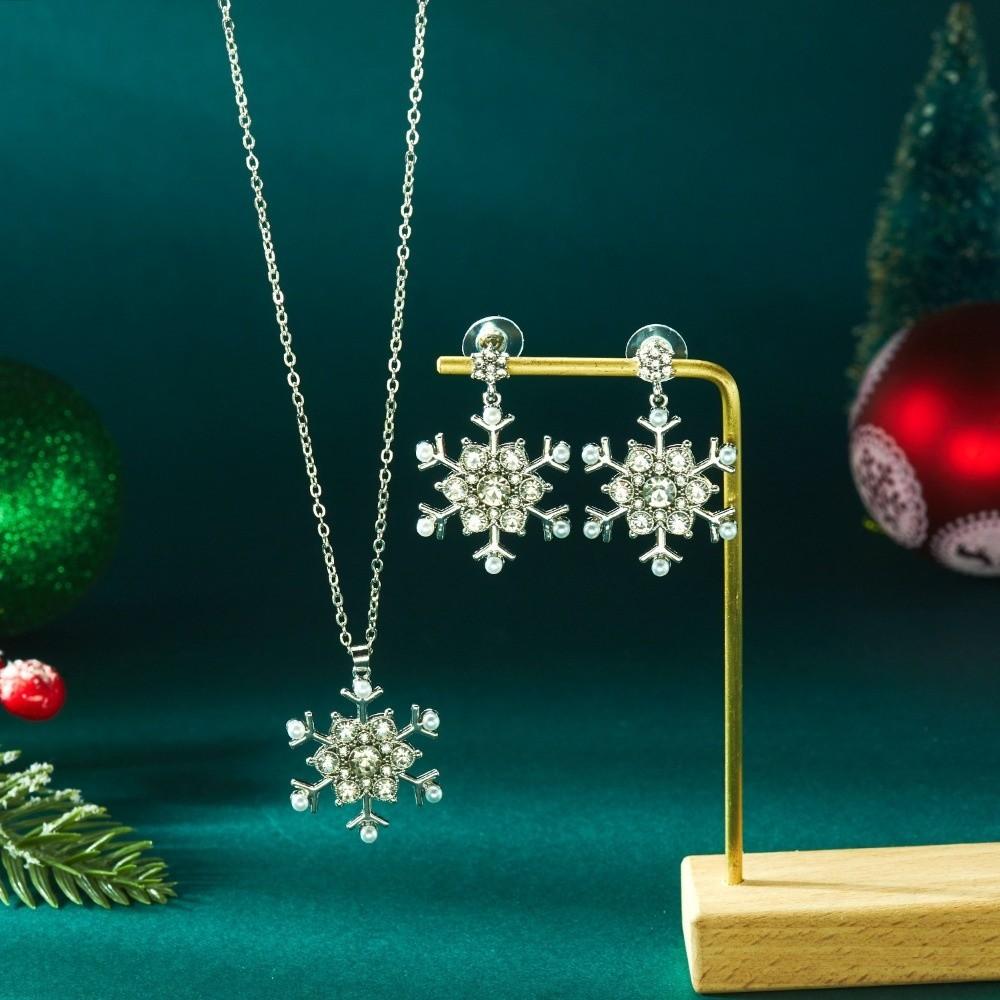 Zinc Zinc Zinc Alloy Xmas Dangle Earrings Rhinestone Snowflake Necklace Christmas Jewelry Set  Gift