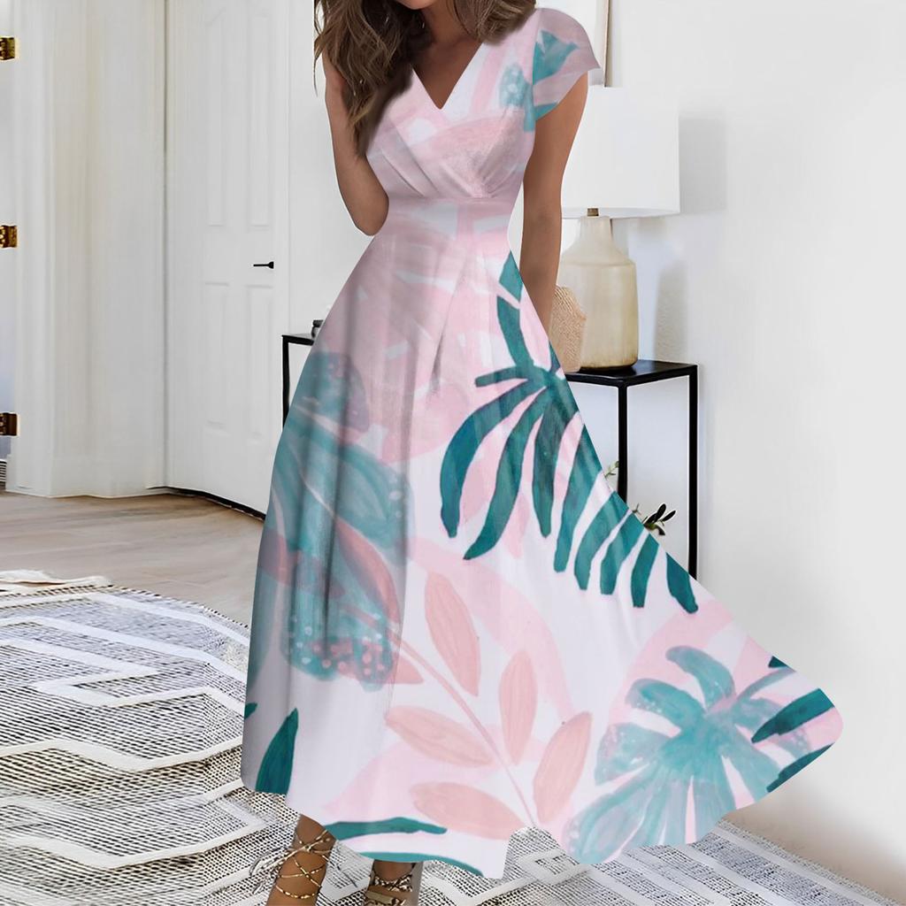 Women's Summer Leaf Floral Printed V-Neck Long Dress Dress